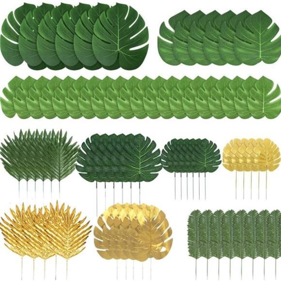 72 Pieces 10 Kinds Artificial Palm Leaves Golden Tropical Leaves with Stems - Picture 1 of 7